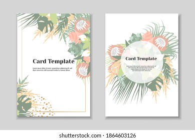 Set of 2 elegant boho greting card templates, tender pastel colorls, white background. Golden geometrical frame.