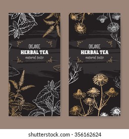 Set of 2 elegant labels for peppermint and chamomile organic herbal tea. Based on hand drawn sketch. Placed on blackboard background.