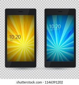 Set of 2 elegant Mobile Phone interface wallpaper design. Vector illustration EPS 10 black smartphone on gray background element for Business Presentations, Application Cover and Web Site Design