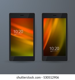 Set of 2 elegant  Mobile Phone interface wallpaper design. Vector illustration EPS 10 black smartphone on gray background element for Business Presentations, Application Cover and Web Site Design