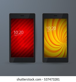 Set of 2 elegant Mobile Phone interface wallpaper design. Vector illustration EPS 10 black smartphone on gray background element for Business Presentations, Application Cover and Web Site Design