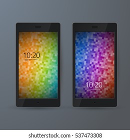 Set of 2 elegant Mobile Phone interface wallpaper design. Vector illustration EPS 10 black smartphone on gray background element for Business Presentations, Application Cover and Web Site Design

