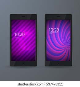Set of 2 elegant Mobile Phone interface wallpaper design. Vector illustration EPS 10 black smartphone on gray background element for Business Presentations, Application Cover and Web Site Design