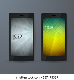 Set of 2 elegant Mobile Phone interface wallpaper design. Vector illustration EPS 10 black smartphone on gray background element for Business Presentations, Application Cover and Web Site Design