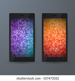 Set of 2 elegant Mobile Phone interface wallpaper design. Vector illustration EPS 10 black smartphone on gray background element for Business Presentations, Application Cover and Web Site Design