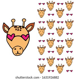 A set of 2 elements. 1 stylish hand-drawn giraffe, 2 seamless pattern. cute baby print. Hand-drawn seamless background. Vector illustration. Creative childish texture. Creative for fabric, textile