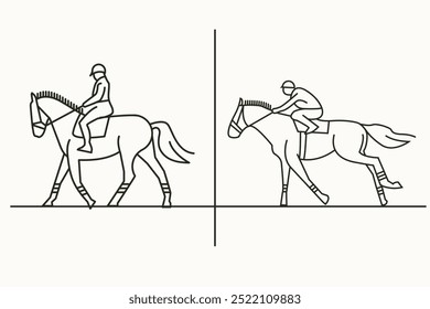 Conjunto de 2 ilustraciones ecuestres con caballo y jinete en estilo lineal minimalista caminando y corriendo