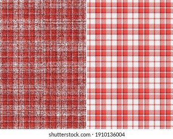 set of 2 fabric textures ragged old and new red and white Valentine day colors of traditional checkered gingham seamless ornament, for plaid, tablecloths, shirts, clothes, dresses, tartan