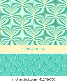 a set of 2 feathers or fish scales japanese style seamless patterns, in ivory and blue
