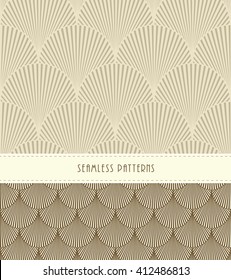 a set of 2 feathers or fish scales japanese style seamless patterns, in brown, sepia
