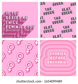 Set of 2 feminist seamless patterns and 2 vector prints. Feminine vector backgrounds with Venus symbols, text patches "Yas Queen". etc. 