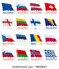 Set 2 - flags of european nations.  Norway, Belarus,  Finland, Romania, Greece,  Poland,  Czech, Latvia,  Slovenia,  Herzegovina, Switzerland, Netherlands, Denmark, Austria, England and other.