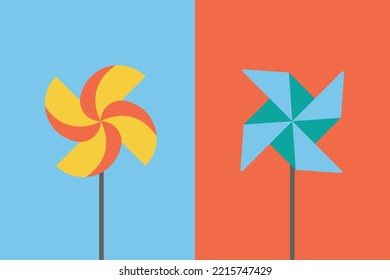 SET 2 Flat Colorful Windmills Illustrations For Logo Design. Vector Template For Branding In Kids Products, Toys, Clean Energy, Environment, Education And More