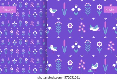 Set of 2 floral seamless geometric pattern with birds and wild flowers.