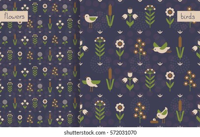 Set of 2 floral seamless geometric pattern with birds and wild flowers.