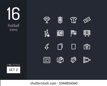 Set 2 of football / soccer icons on the black background. Universal linear icons to use in web and mobile app.