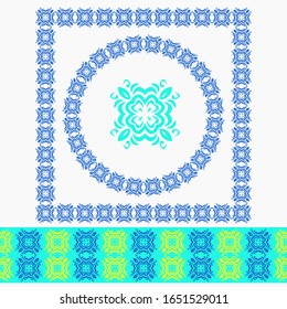 Set of 2 frame and seamless border, workpiece for your design. Ornamental elements and motifs. Decor for plate, tile, textile and print design. Circle, square design element. Vector.