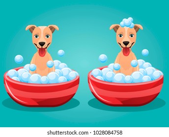 Set of 2 funny and cute vector dogs taking bath in tub, washing, grooming isolated on blue background.