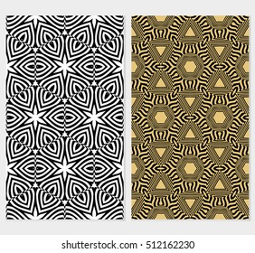 set of 2 geometric pattern based on optical illusions elements. Seamless vector illustration. black lines of different shapes. for interior design, wallpaper, page fill, textile