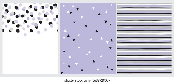 Set of 2 Geometric Seamless Vector Patterns with Stripes and Triangle. Round Shape Confetti Isolated on a White Background. Zig Zag Repeatable Design. Light Violet, Black and White Striped Lauout. 