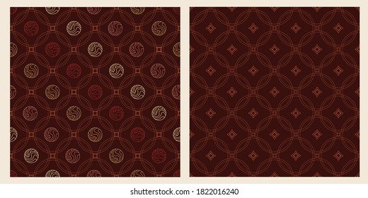 Set of 2 geometrical seamless patterns with striped circles, small rhombuses, circles, thin lines. Chess order pattern. Dark warm colors. Vector. 