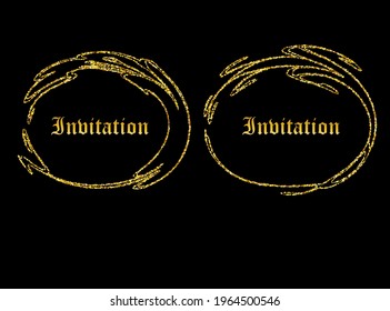 Set of 2 gold brush strokes frames round shapes on a black background to decorate banners, lettering, logos and art pieces in a grunge design in a luxury style