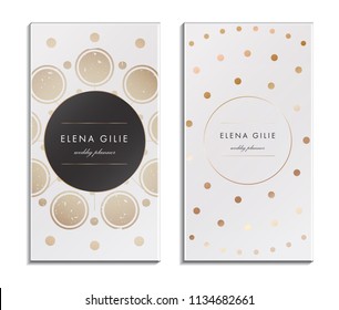 Set of 2 gold and white business cardы template or gift cards. Texture of gold foil. Luxury vector illustration. Easy editable template. Space for text. Vector
