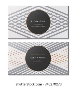 Set of 2 gold and white business card template or gift cards. Texture of gold foil. Luxury vector illustration. Easy editable template. Space for text. Vector