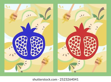 Set of 2 Graphic Arts with a Half of Red and Blue Pomegranate and apple with honey on background. 2 Beautiful Postcards for Rosh Hashana, Jewish New Year. Shana Tova Umetuka - Good and Sweet Year!