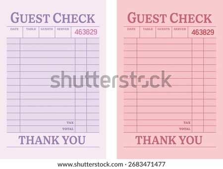 Set of 2 Guest check art print, trendy wall art blank restaurant receipt vector illustration for digital and personalized gift