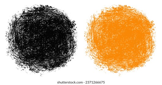 Set of 2 Hand Drawn Brush Circles. Freehand Brush Dots. Black and Orange Strokes Stains of Round Shape on a White Background. Abstract Elements. Simple Vector Rough Brush Strokes. RGB Colors.