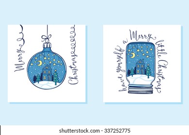 Set of 2 hand drawn fairy Christmas greeting cards.  Paper star garlands, moon, little house and noel tree in the Christmas ball and glass jar. handwritten lettering
