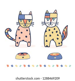 Set of 2 hand drawn geometric vector cats illustration. Childish rainbow color with pet food bowl. Cartoon style geometric kitten character motif. Feline animal shape as kids fashion kitty clipart.