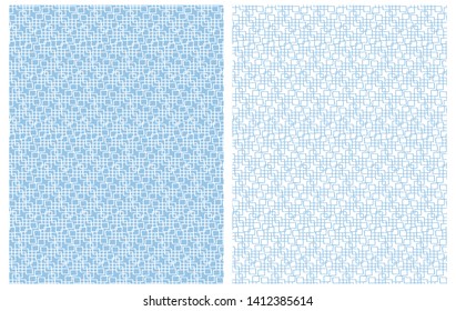 Set of 2 Hand Drawn Irregular Geometric Vector Patterns. White Brush Lines Isolated on a Light Blue Background. Blue Stripes on a White. Infantile Style Repeatable Design. Abstract Vector Grid.