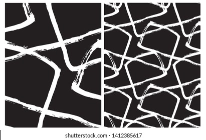 Set of 2 Hand Drawn Irregular Geometric Vector Patterns. White Brush Lines Isolated on a Black Background. Infantile Style Repeatable Design. Big Abstract Vector Grid.