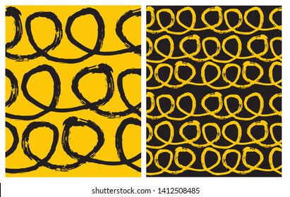 Set of 2 Hand Drawn Irregular Geometric Vector Patterns. Black Horizontal Lines with Loops on a Yellow Background. Yellow Loops Isolated on a Black. Cute Infantile Style Children's Scrawl.