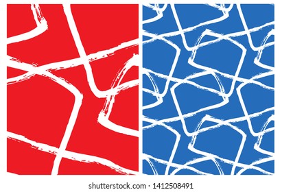 Set of 2 Hand Drawn Irregular Geometric Vector Patterns. White Brush Lines Isolated on a Red and Blue Background. Infantile Style Repeatable Design. Big Abstract Vector Grid.