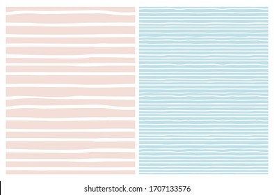 Set of 2 Hand Drawn Irregular Geometric Vector Patterns. White Horizontal Stripes Isolated on a Pastel Blue and Light Pink Background. Infantile Style Abstract Graphic. Cute Repeatable Design.