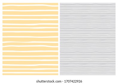 Set of 2 Hand Drawn Irregular Geometric Vector Patterns. White Horizontal Stripes Isolated on a Pastel Yellow and Light Gray Background. Infantile Style Abstract Graphic. Cute Repeatable Design.