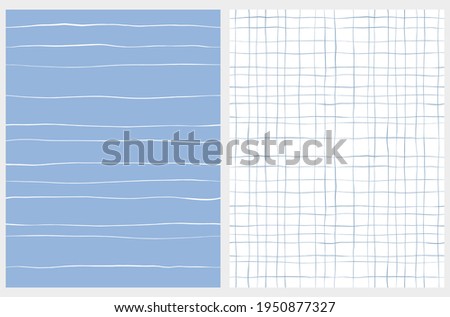 Set of 2 Hand Drawn Irregular Geometric Patterns. Horizontal White Stripes on a Blue Background. Denim Blue Grid on a White. Cute Infantile Style Repeatable Design. Abstract Doodle Print.