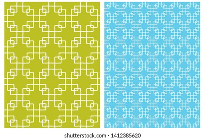 Set of 2 Hand Drawn Regular Geometric Vector Vector Patterns. White Brush Lines Isolated on a Blue and Green Background. Infantile Style Repeatable Design. Abstract Vector Grid.