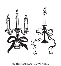 Set of 2 hand-drawn vector illustrations featuring vintage candles with bows in trendy 2025 line art style. Perfect for holiday cards, home decor, gift wrapping, and festive designs.