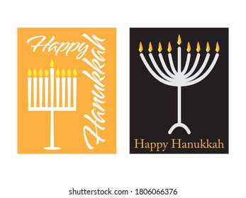 Set of 2 Hanukkah cards - Yellow card with White text and Menorah, Black card with White Menorah and Orange text