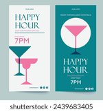Set of 2 Happy Hour minimalist style insta story ad on blue and pink. Template for social media for bar, restaurant, party, drinks, and more.