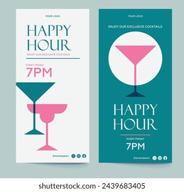 Set of 2 Happy Hour minimalist style insta story ad on blue and pink. Template for social media for bar, restaurant, party, drinks, and more.