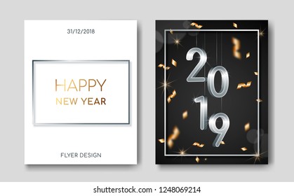 Set of 2 Happy New Year night banner flyers with silver 3D numbers 2019,lens flares,confetti,light flashes,highlight circles.Night club party flyer poster,greeting card,web online concepts