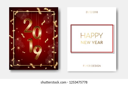 Set of 2 Happy New Year night flyers banner with golden 3D numbers 2019,confetti,glowing stars,light flashes on deep red backdrop.Night club party flyer poster,greeting card,web online concepts