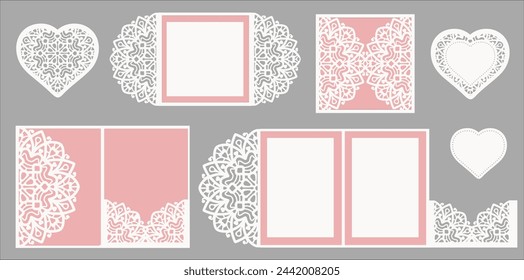 Set of 2 heart patterned lace vector card templates. Blank 5x5 and 5x7 tri fold designs, and paper heart cut outs for laser cutting. 