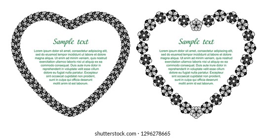 Set of 2 heart shape floral frames with flowers and leaves. Black and white vector illustration