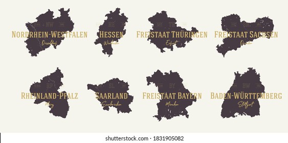 Set 2 of 2 Highly detailed maps vector silhouettes states of Germany with names and capital